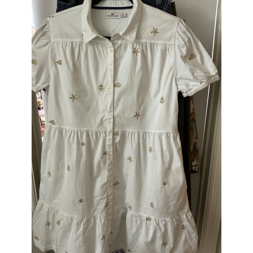 Vineyard Vines Girls White Nautical Embroidered Button Front Dress XL 16